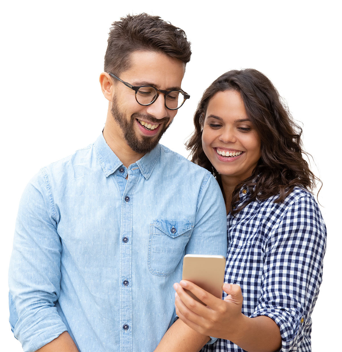 Smiling young couple using smartphone