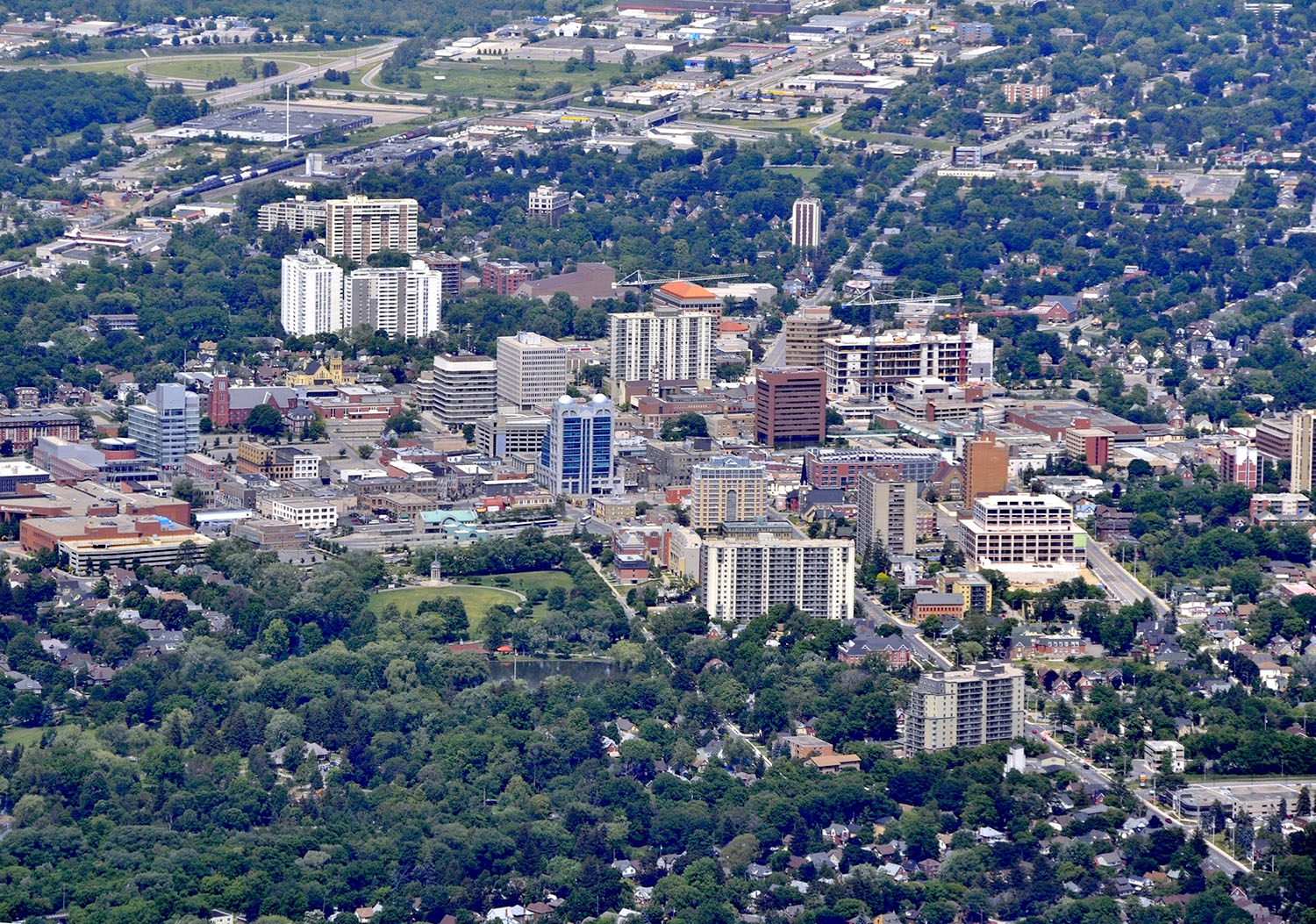 aerial view of  the downtown area Kitchener Waterloo, Ontario Ca